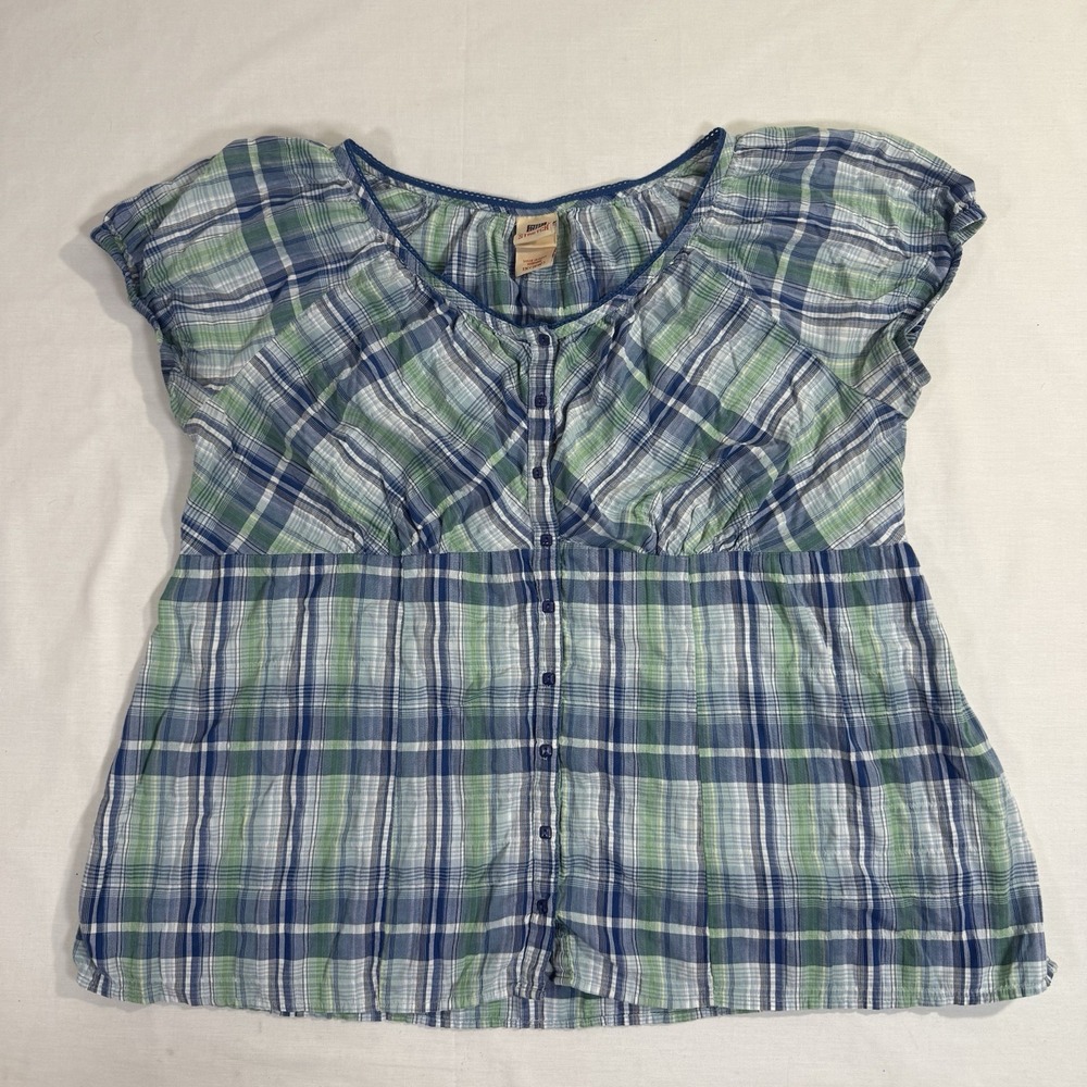 Y2K Faded Glory Women's Plaid Top Sz 1X (16w) Boho Cotton Country Blue Green